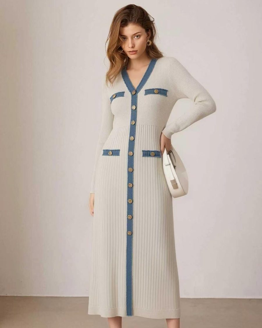 Ribbed knit cardigan dress with contrast placket and gold buttons