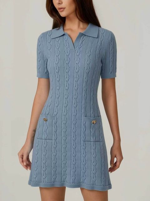 Cable-knit polo dress in blue