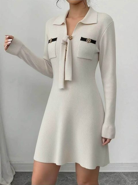Ribbed knit dress with tie collar and gold trims