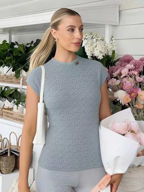 Pointelle knit cap-sleeve top