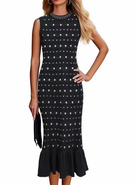 Studded knit midi dress with flounce hem